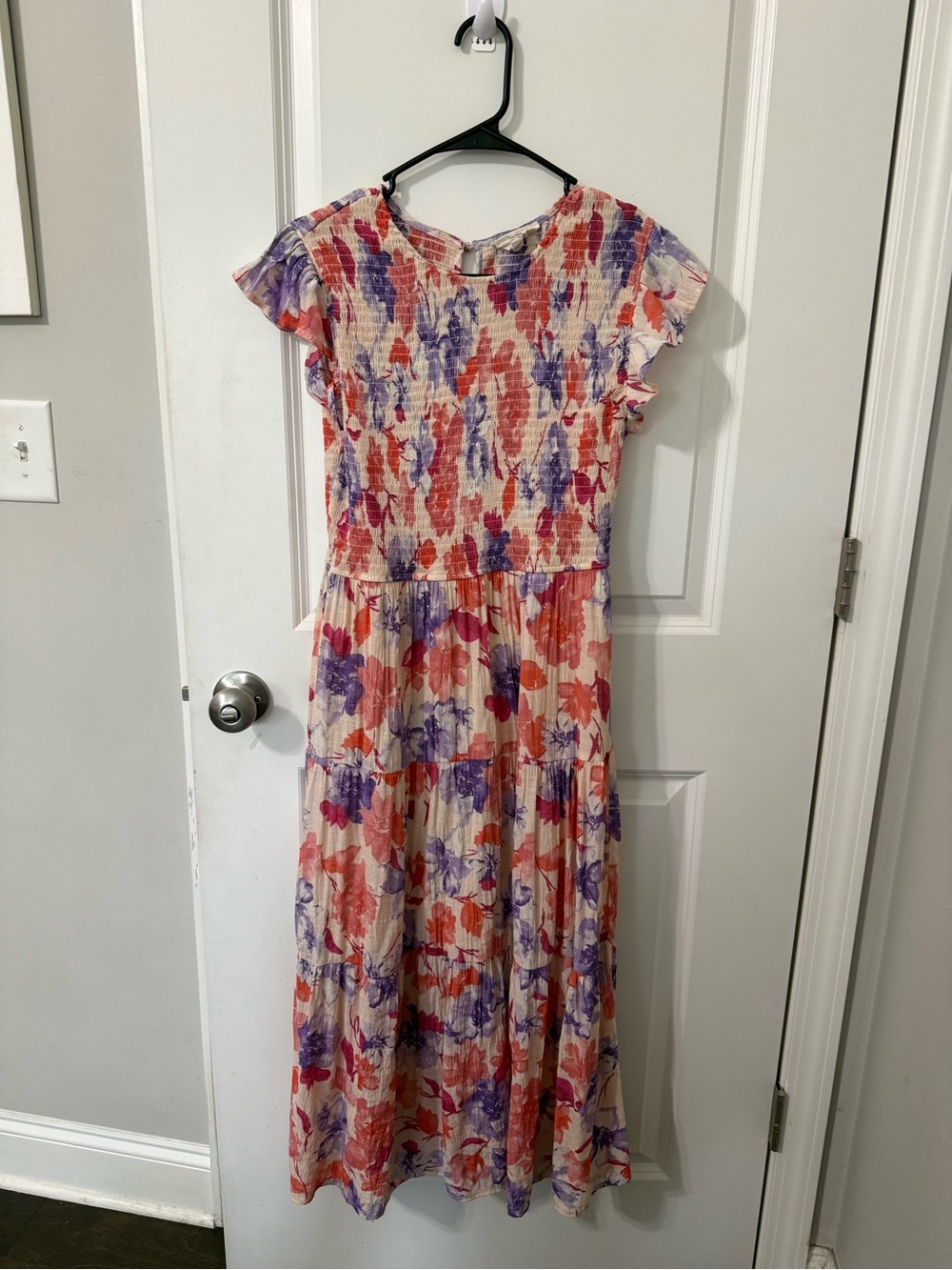 Floral Smocked bodice Maxi Dress flutter sleeve in Cream with Coral & Purple